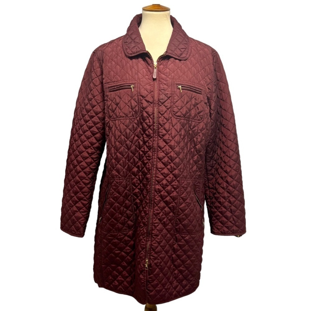 Hobbs London Burgundy Quilted Zip Front Hip Length Coat Women’s US 14